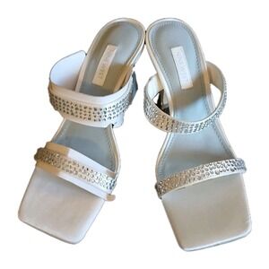 Silver Glitter Rhinestones 3.5 Heel Sandles‎ Woman Square Toe Shoes Sz 5.5 #805